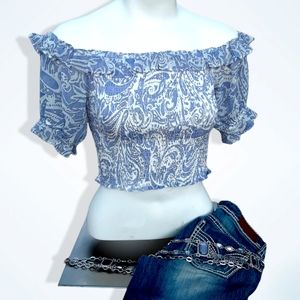 NEW Express Smocked Bodice Shirt XS Periwinkle Crop Top